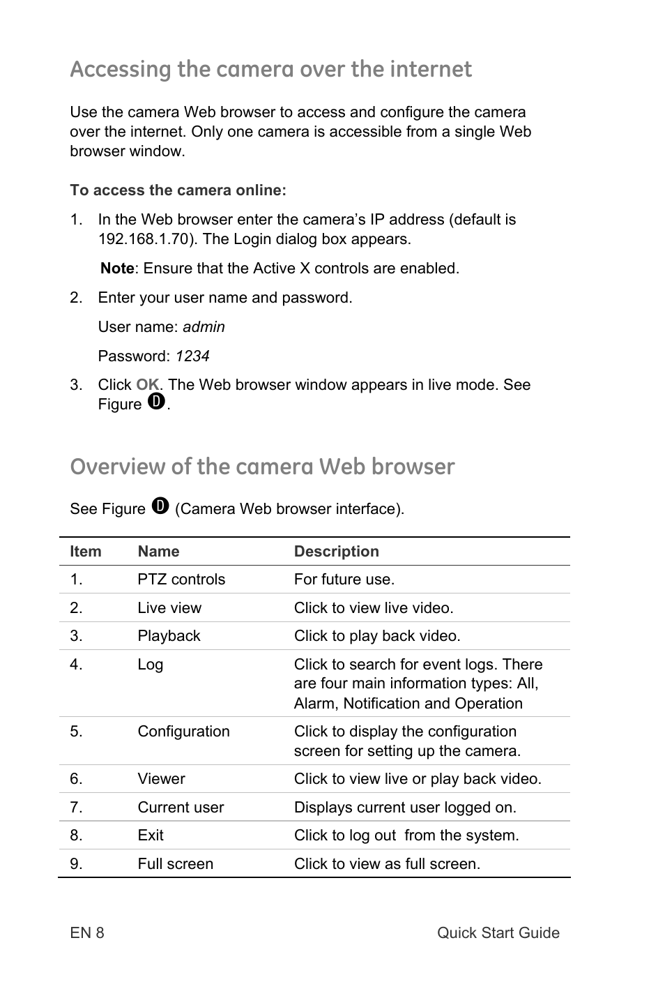 Accessing the camera over the internet, Overview of the camera web browser | Interlogix TruVision IP Open Standards Box Quick Start User Manual | Page 10 / 16