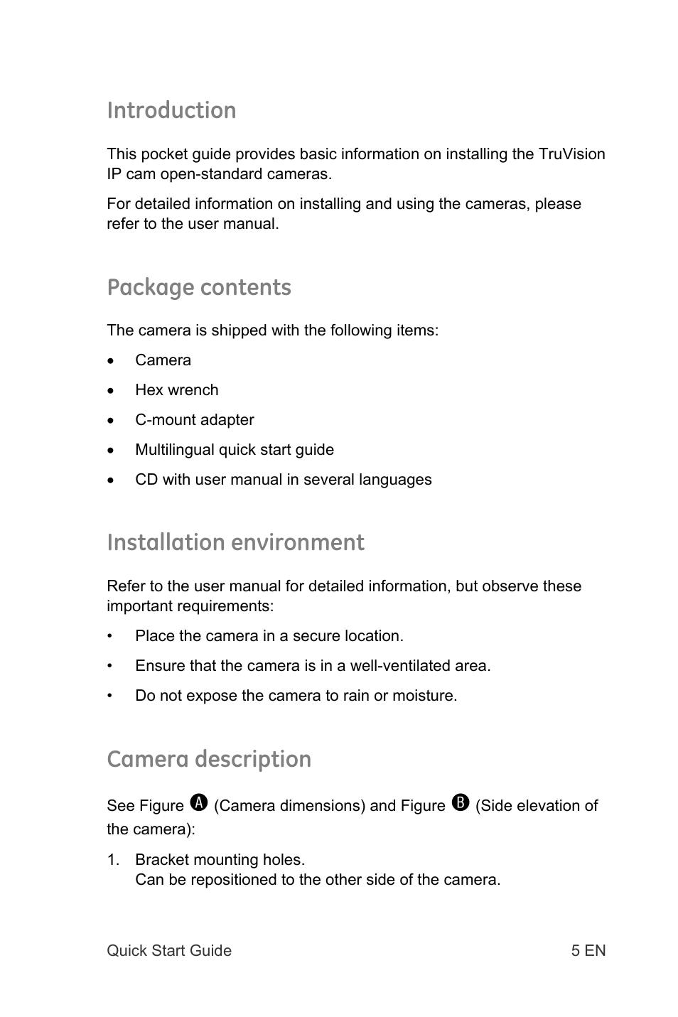 Introduction, Package contents, Installation environment | Camera description | Interlogix TruVision IP Open Standards Box Quick Start User Manual | Page 7 / 16