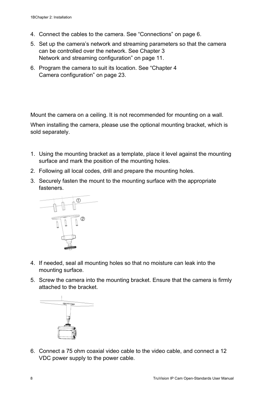 Mounting the camera on a ceiling, Mounting the camera on a ceiling 8 | Interlogix TruVision IP Open Standards Box User Manual User Manual | Page 12 / 64