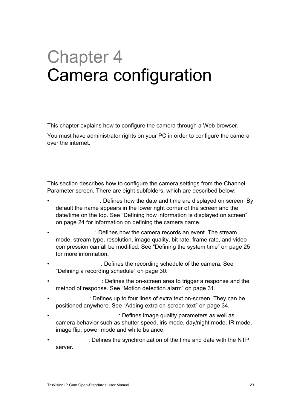 Chapter 4 camera configuration, Camera parameters, Chapter 4 | Camera configuration 23, Camera parameters 23 | Interlogix TruVision IP Open Standards Box User Manual User Manual | Page 27 / 64