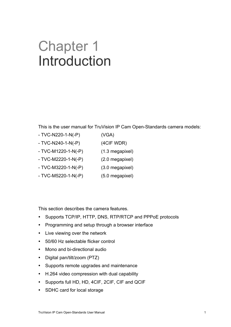 Chapter 1 introduction, Product overview, Features | Chapter 1, Introduction 1, Product overview 1 features 1 | Interlogix TruVision IP Open Standards Box User Manual User Manual | Page 5 / 64