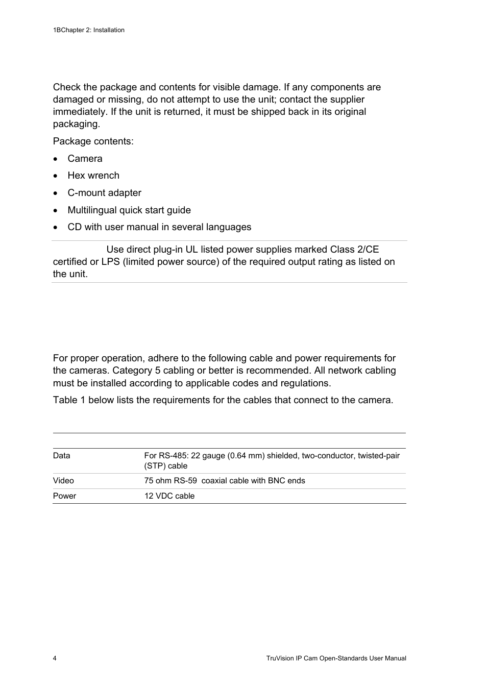 Package contents, Cable requirements, Package contents 4 cable requirements 4 | Interlogix TruVision IP Open Standards Box User Manual User Manual | Page 8 / 64