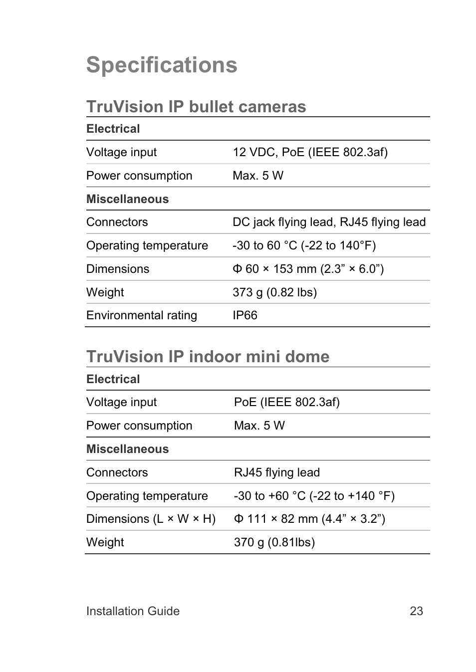 Specifications, Truvision ip bullet cameras, Truvision ip indoor mini dome | Interlogix TruVision IP Camera Installation Guide User Manual | Page 23 / 28