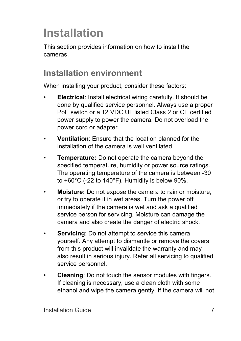 Installation, Installation environment | Interlogix TruVision IP Camera Installation Guide User Manual | Page 7 / 28
