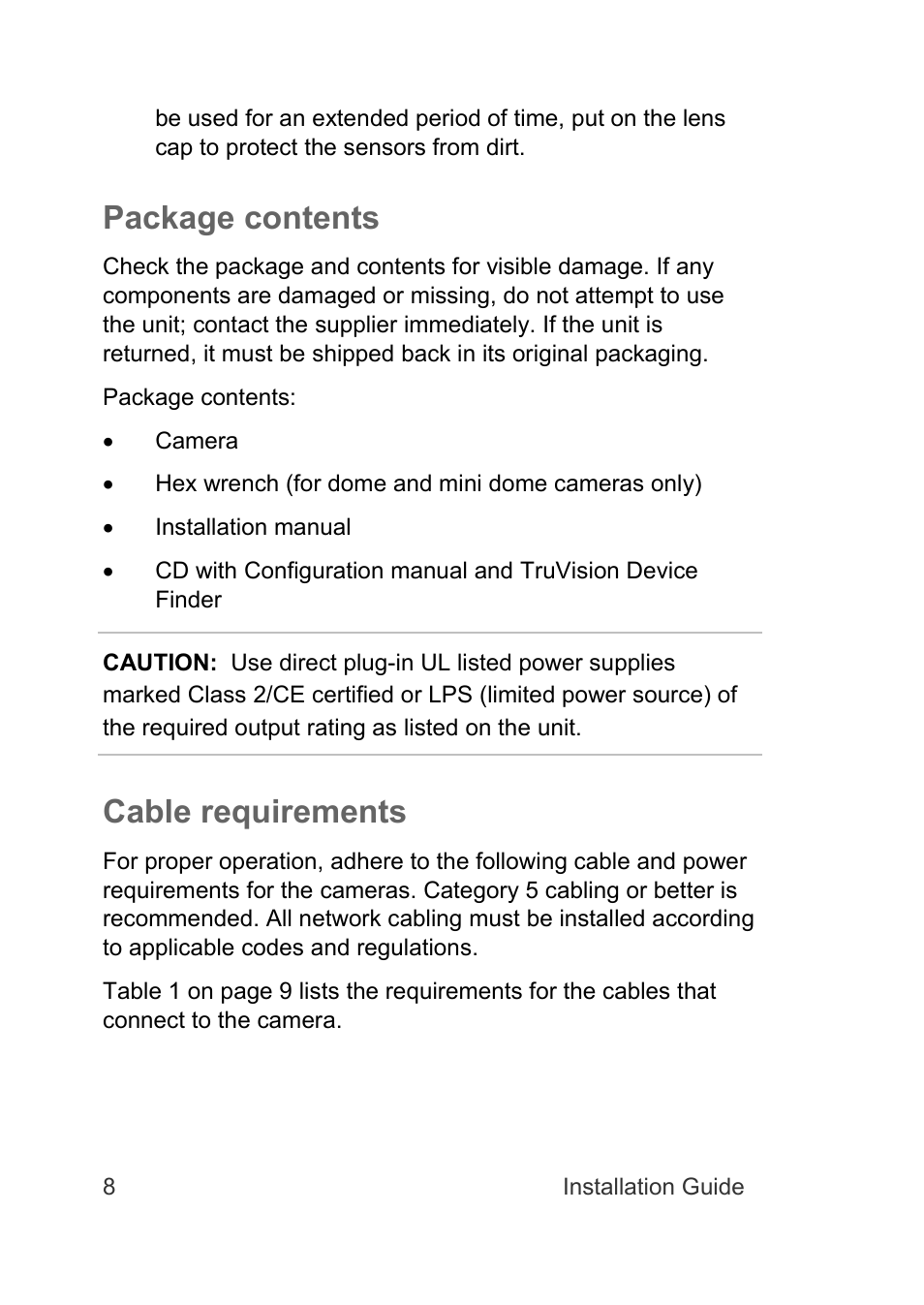 Package contents, Cable requirements | Interlogix TruVision IP Camera Installation Guide User Manual | Page 8 / 28