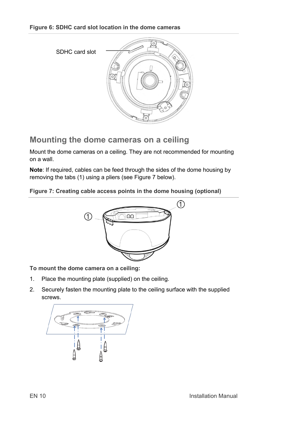 Mounting the dome cameras on a ceiling | Interlogix TruVision IP Open Standards Dome Cameras Installation Manual User Manual | Page 10 / 16