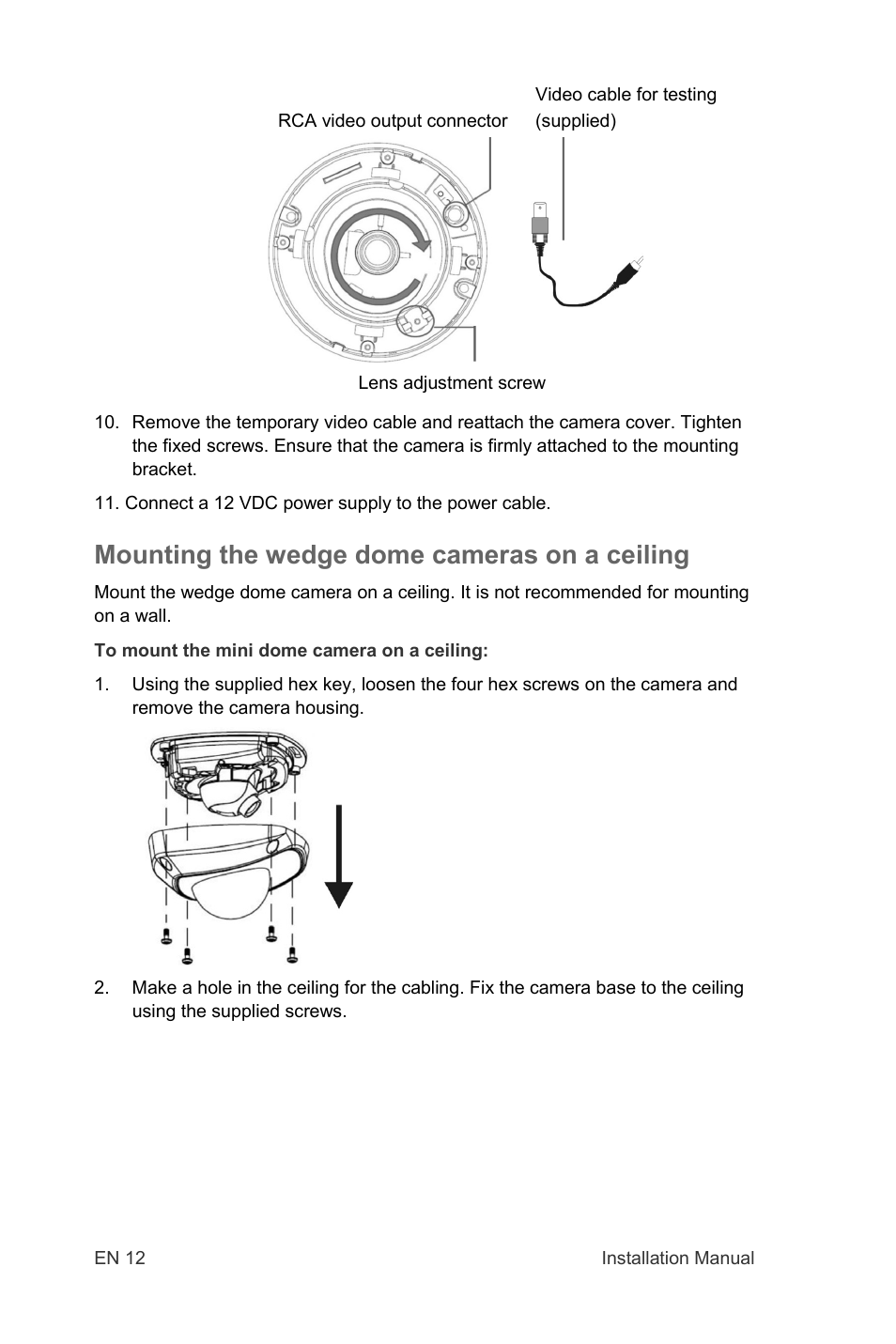 Mounting the wedge dome cameras on a ceiling | Interlogix TruVision IP Open Standards Dome Cameras Installation Manual User Manual | Page 12 / 16