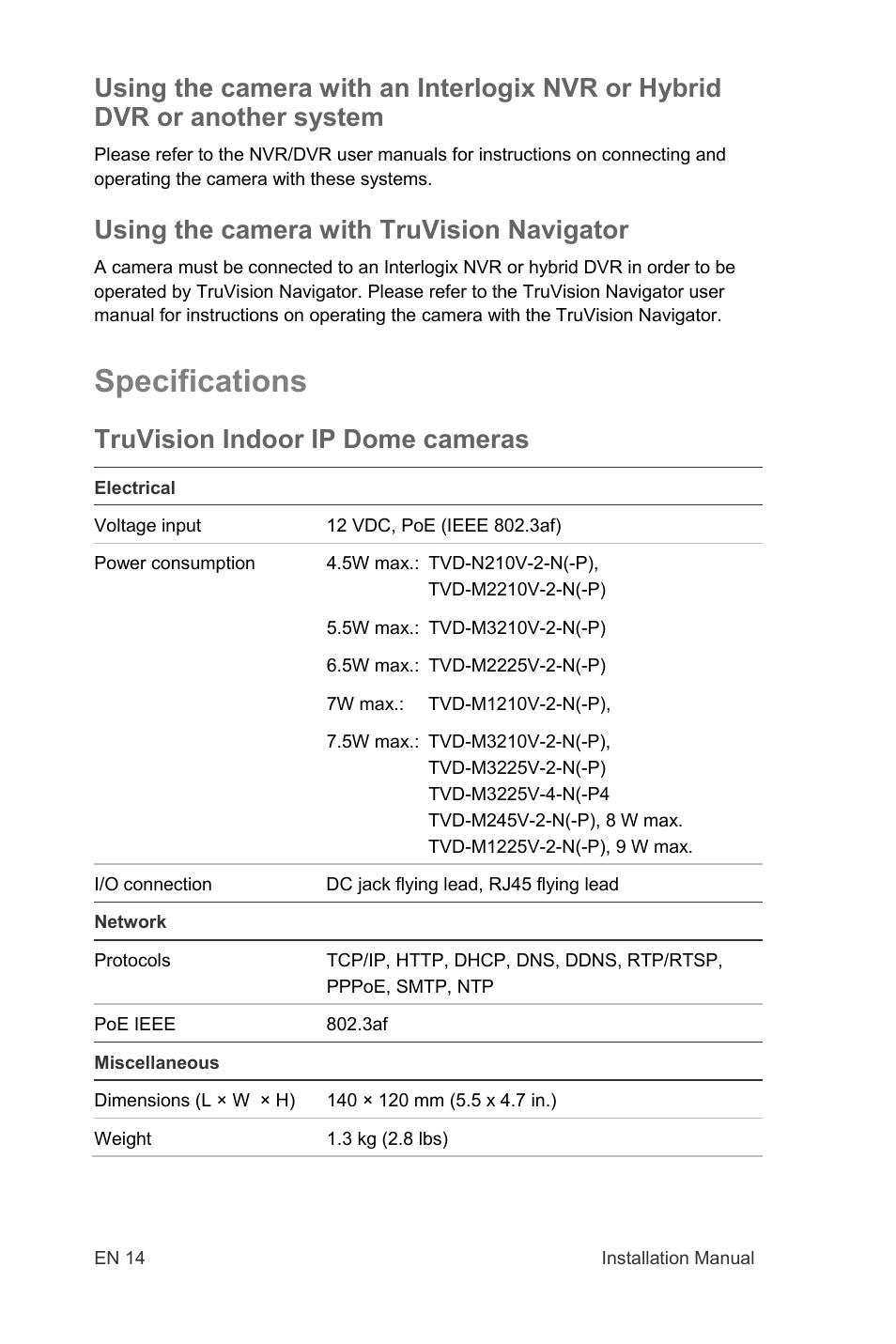 Specifications, Using the camera with truvision navigator, Truvision indoor ip dome cameras | Interlogix TruVision IP Open Standards Dome Cameras Installation Manual User Manual | Page 14 / 16