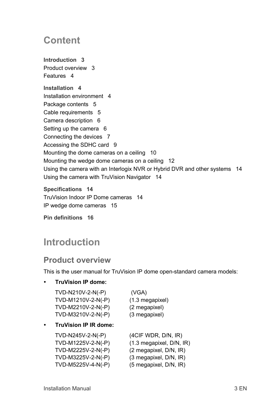 Content, Introduction, Product overview | Interlogix TruVision IP Open Standards Dome Cameras Installation Manual User Manual | Page 3 / 16