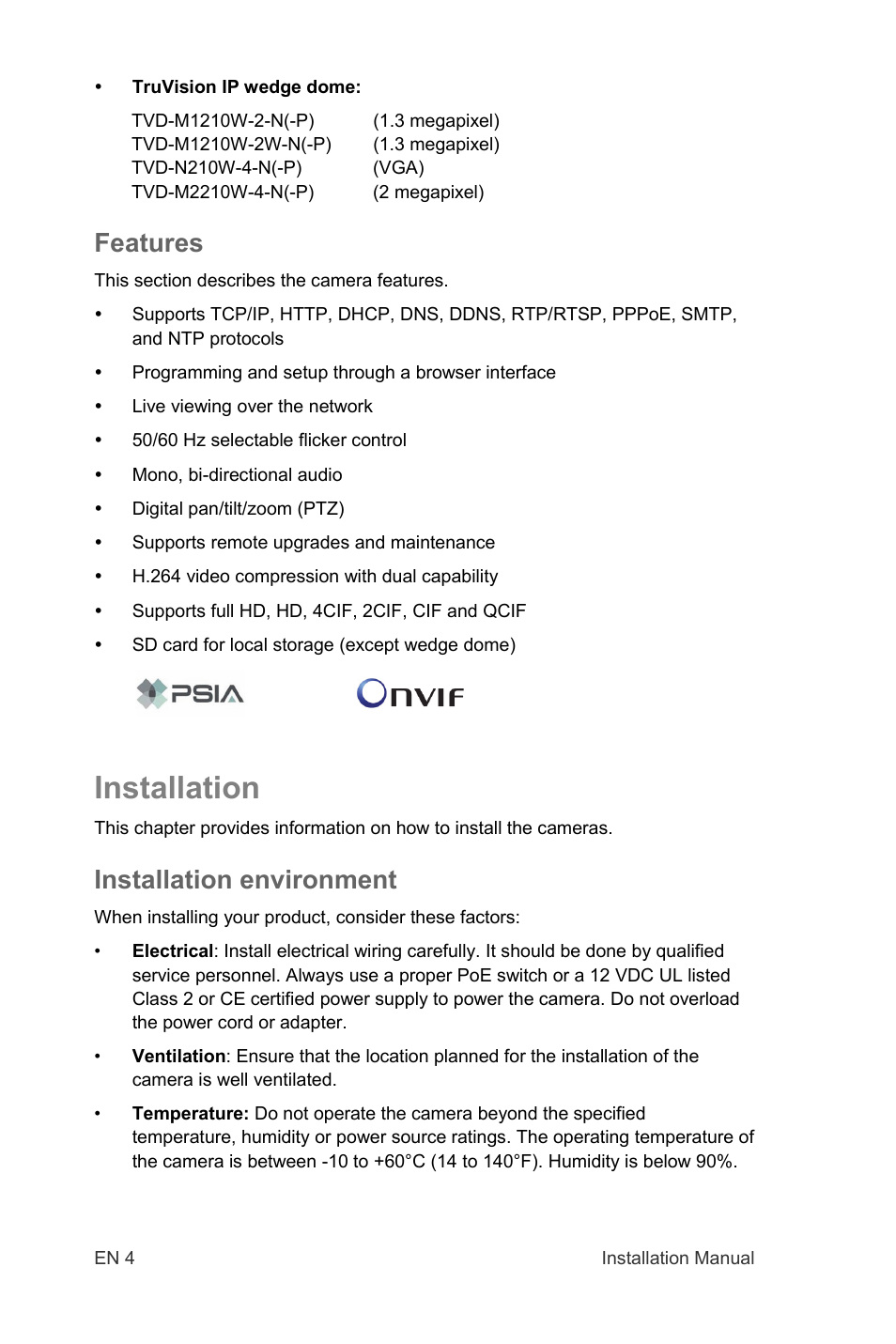 Installation, Features, Installation environment | Interlogix TruVision IP Open Standards Dome Cameras Installation Manual User Manual | Page 4 / 16