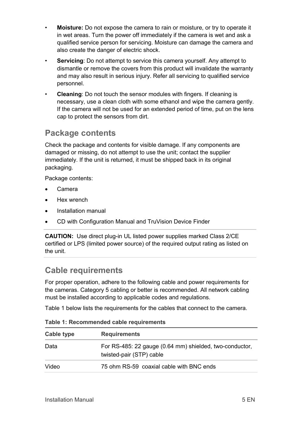 Package contents, Cable requirements | Interlogix TruVision IP Open Standards Dome Cameras Installation Manual User Manual | Page 5 / 16