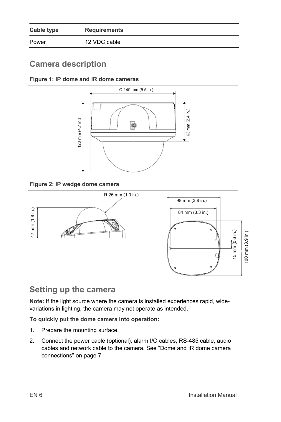 Camera description, Setting up the camera | Interlogix TruVision IP Open Standards Dome Cameras Installation Manual User Manual | Page 6 / 16