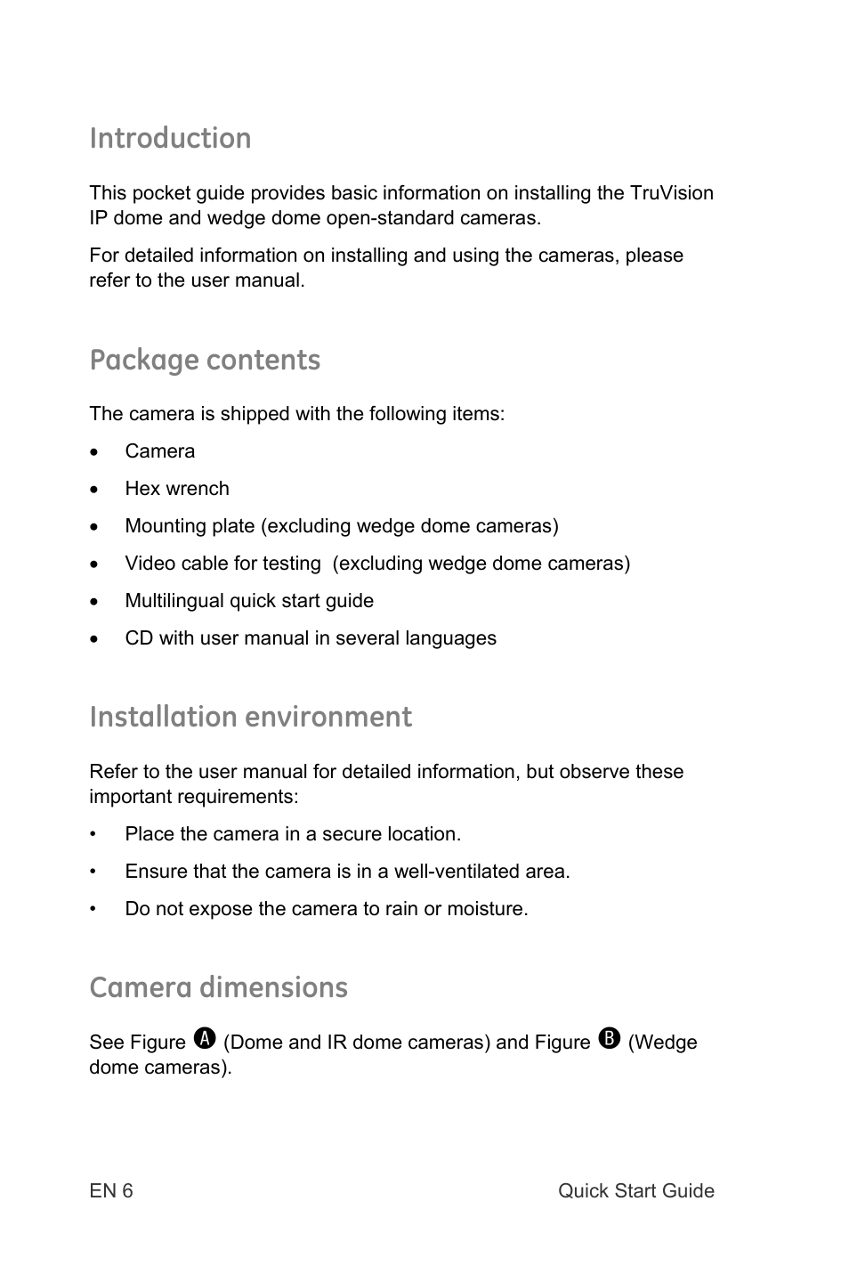 Introduction, Package contents, Installation environment | Camera dimensions | Interlogix TruVision IP Open Standards Dome Cameras Quick Start User Manual | Page 8 / 16