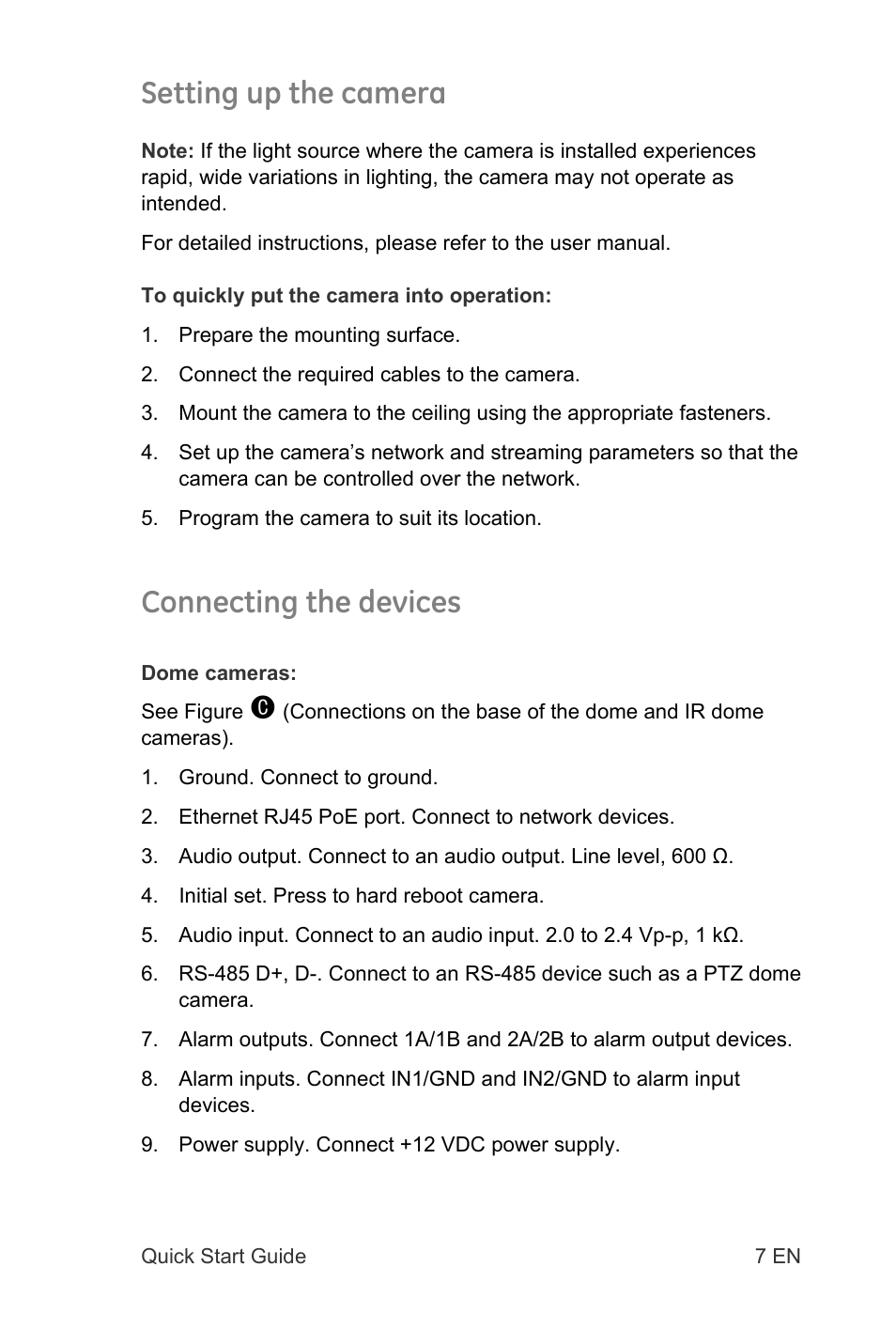 Setting up the camera, Connecting the devices | Interlogix TruVision IP Open Standards Dome Cameras Quick Start User Manual | Page 9 / 16
