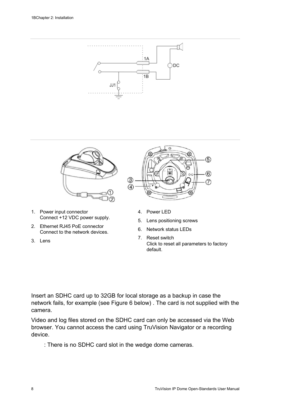 Accessing the sdhc card, Accessing the sdhc card 8, Cables to the camera. see “wedge dome | Wedge dome camera connections | Interlogix TruVision IP Open Standards Dome Cameras User Manual User Manual | Page 12 / 68