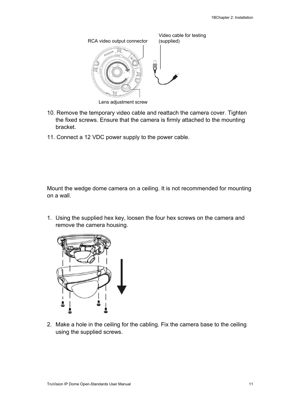 Mounting the wedge dome cameras on a ceiling, Mounting the wedge dome cameras on a ceiling 11 | Interlogix TruVision IP Open Standards Dome Cameras User Manual User Manual | Page 15 / 68