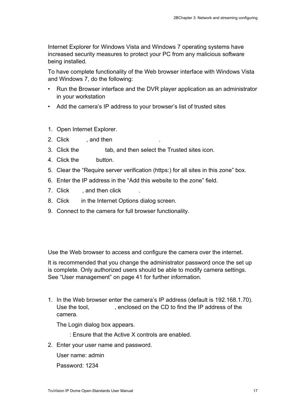 Accessing the camera over the internet, Accessing the camera over the internet 17, Windows vista and 7 users | Interlogix TruVision IP Open Standards Dome Cameras User Manual User Manual | Page 21 / 68