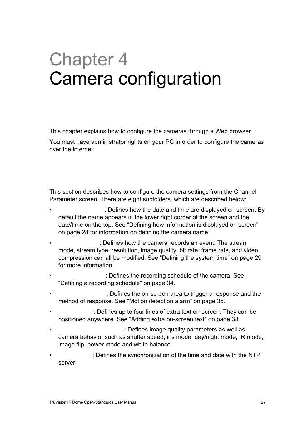 Chapter 4 camera configuration, Camera parameters, Chapter 4 | Camera configuration 27, Camera parameters 27, Camera | Interlogix TruVision IP Open Standards Dome Cameras User Manual User Manual | Page 31 / 68