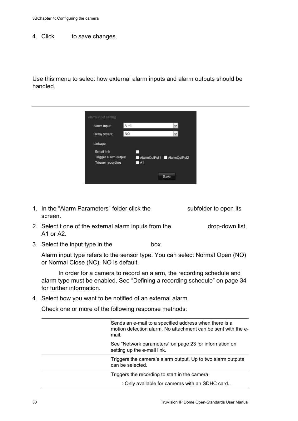 Alarm parameters, Alarm parameters 30 | Interlogix TruVision IP Open Standards Dome Cameras User Manual User Manual | Page 34 / 68
