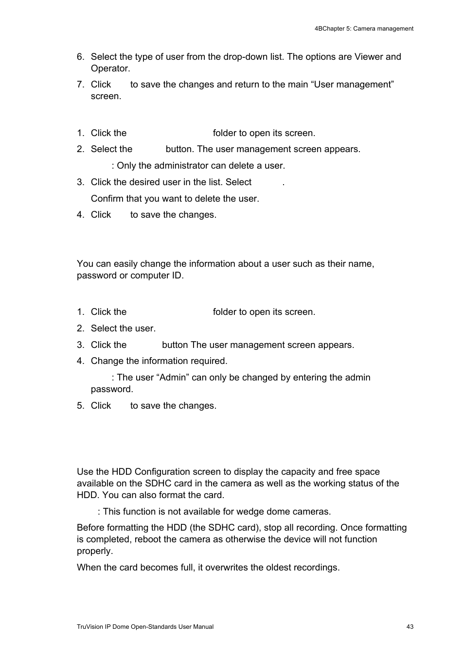 Formatting the sdhc card, Formatting the sdhc card 43, Modifying user information | Interlogix TruVision IP Open Standards Dome Cameras User Manual User Manual | Page 47 / 68