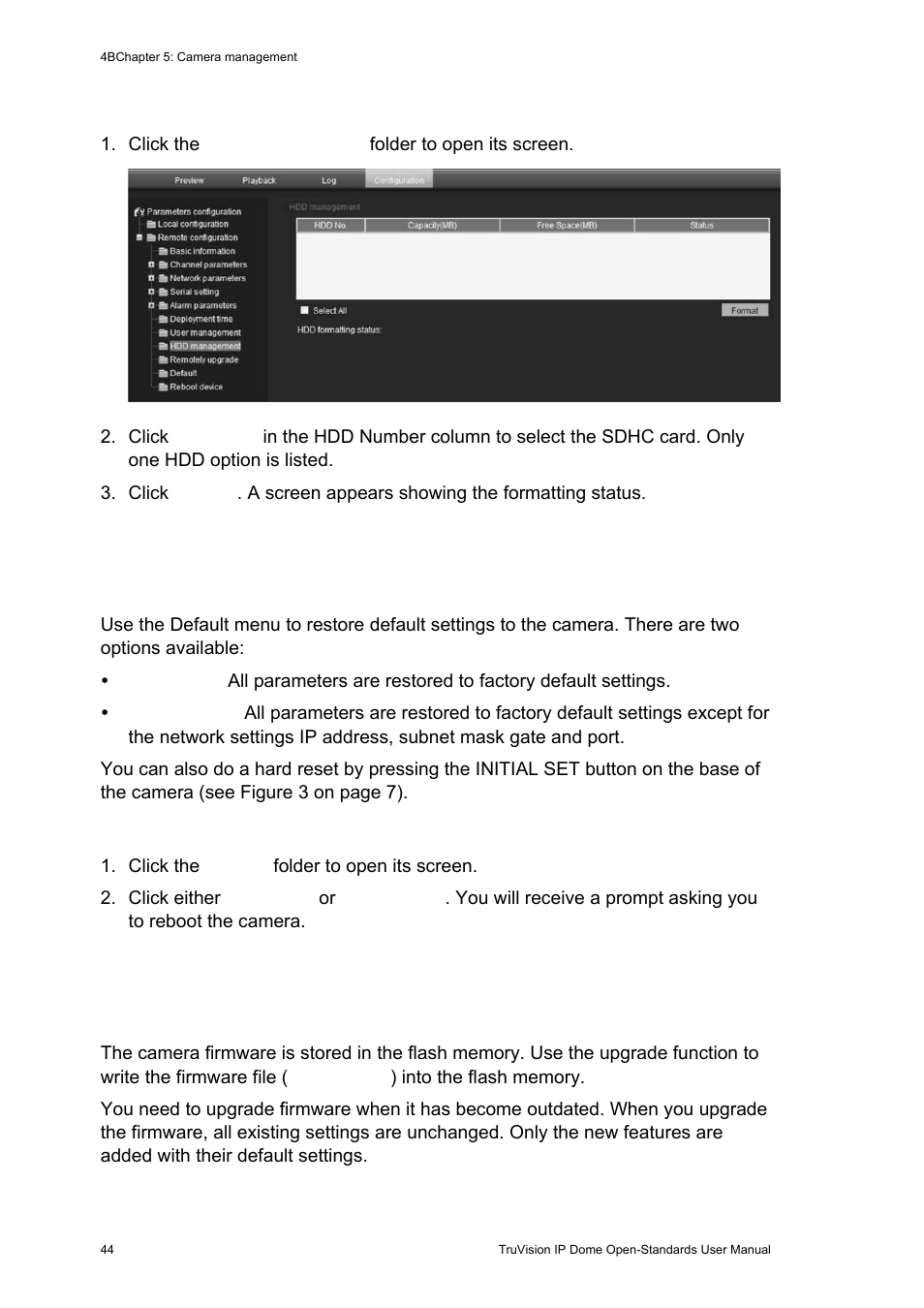 Restoring default settings, Upgrading the firmware | Interlogix TruVision IP Open Standards Dome Cameras User Manual User Manual | Page 48 / 68
