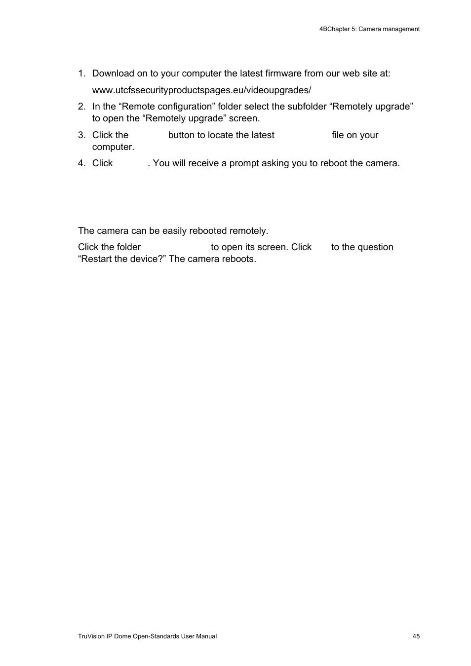 Rebooting the camera, Rebooting the camera 45, Rebooting the camera” on | Interlogix TruVision IP Open Standards Dome Cameras User Manual User Manual | Page 49 / 68