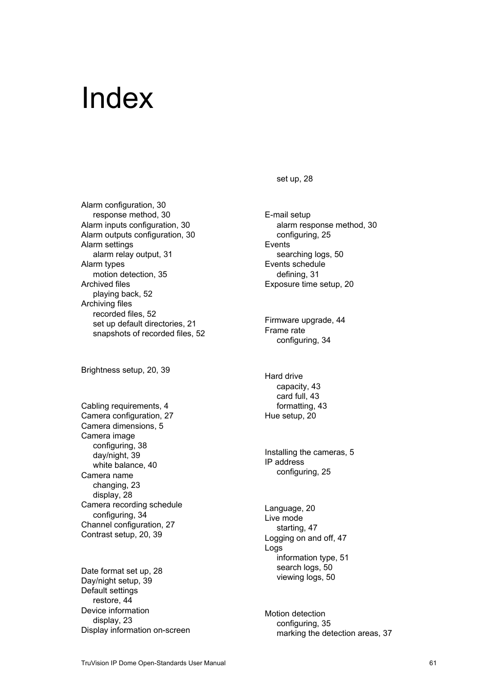 Index, Index 61 | Interlogix TruVision IP Open Standards Dome Cameras User Manual User Manual | Page 65 / 68