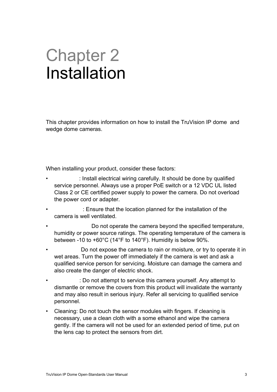 Chapter 2 installation, Installation environment, Chapter 2 | Installation 3, Installation environment 3 | Interlogix TruVision IP Open Standards Dome Cameras User Manual User Manual | Page 7 / 68