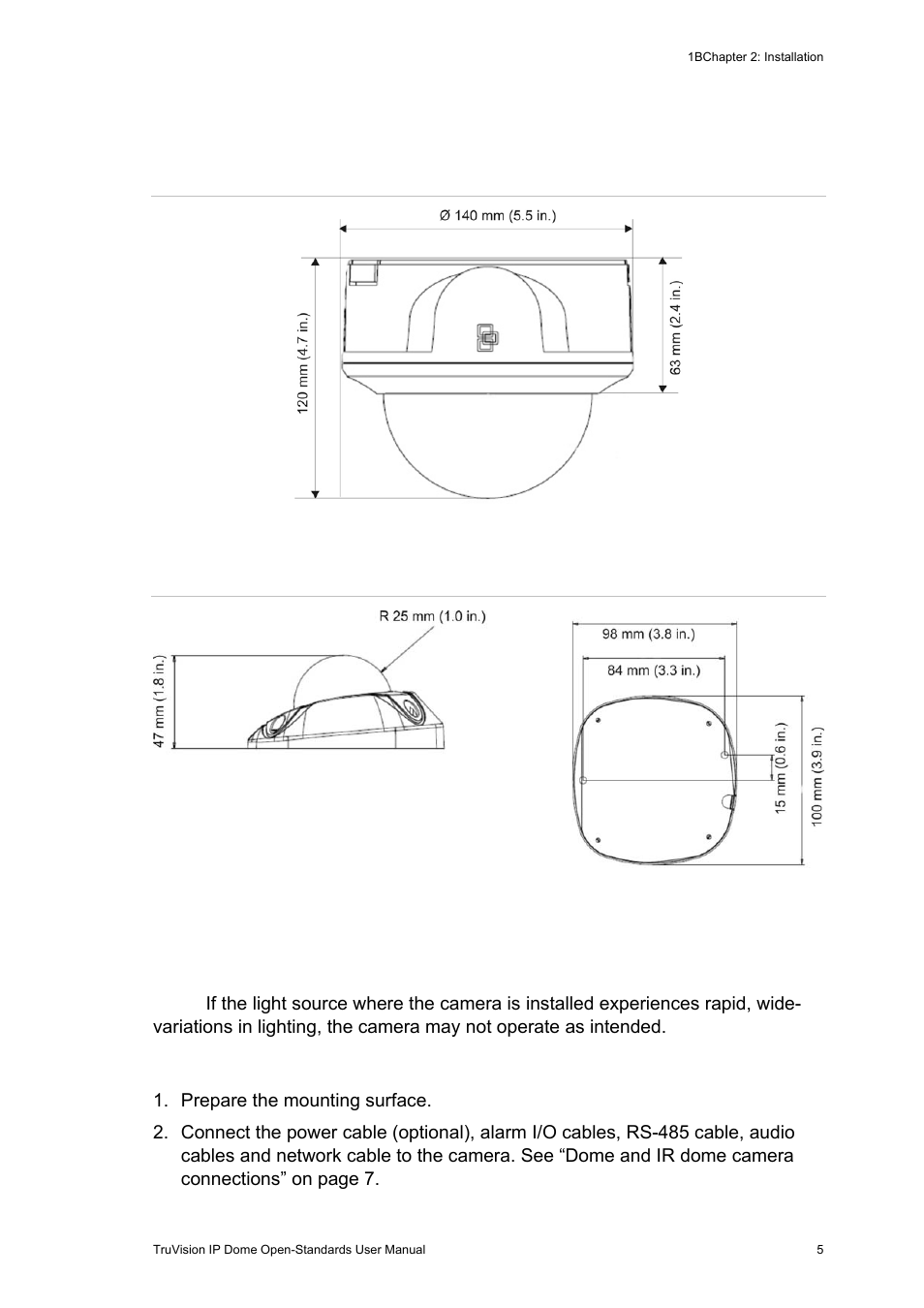 Camera dimensions, Setting up the camera, Camera dimensions 5 setting up the camera 5 | Interlogix TruVision IP Open Standards Dome Cameras User Manual User Manual | Page 9 / 68