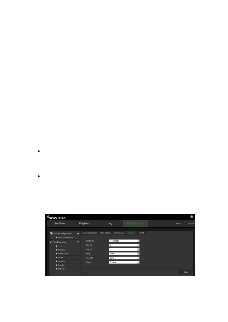 Defining rs-232 settings | Interlogix TruVision IP Open Standards Outdoor Cameras Configuration Manual User Manual | Page 33 / 47