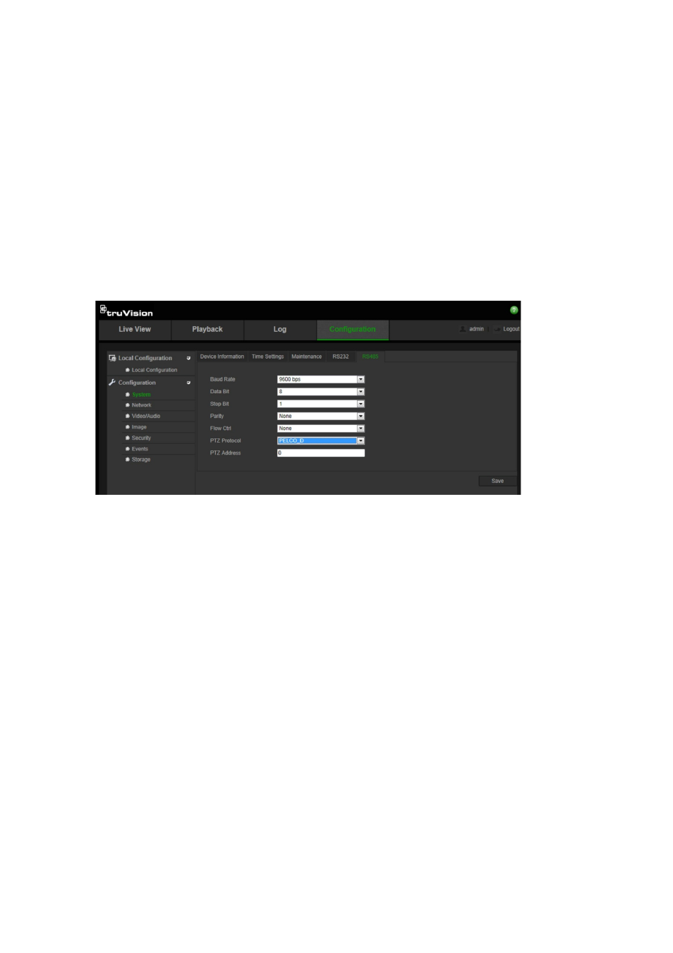 Defining rs-485 settings | Interlogix TruVision IP Open Standards Outdoor Cameras Configuration Manual User Manual | Page 34 / 47