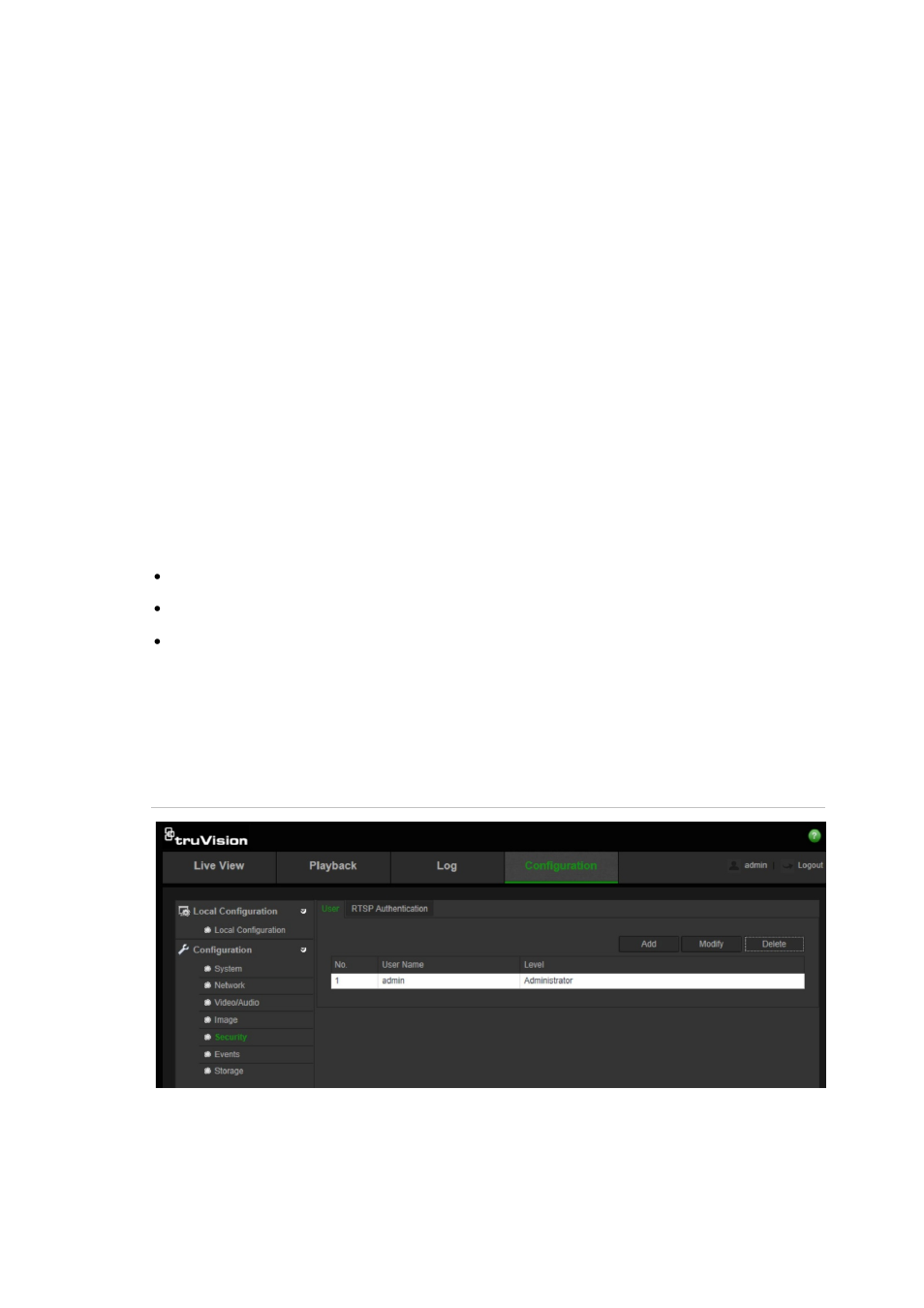 Chapter 3 camera management, User management | Interlogix TruVision IP Open Standards Outdoor Cameras Configuration Manual User Manual | Page 35 / 47