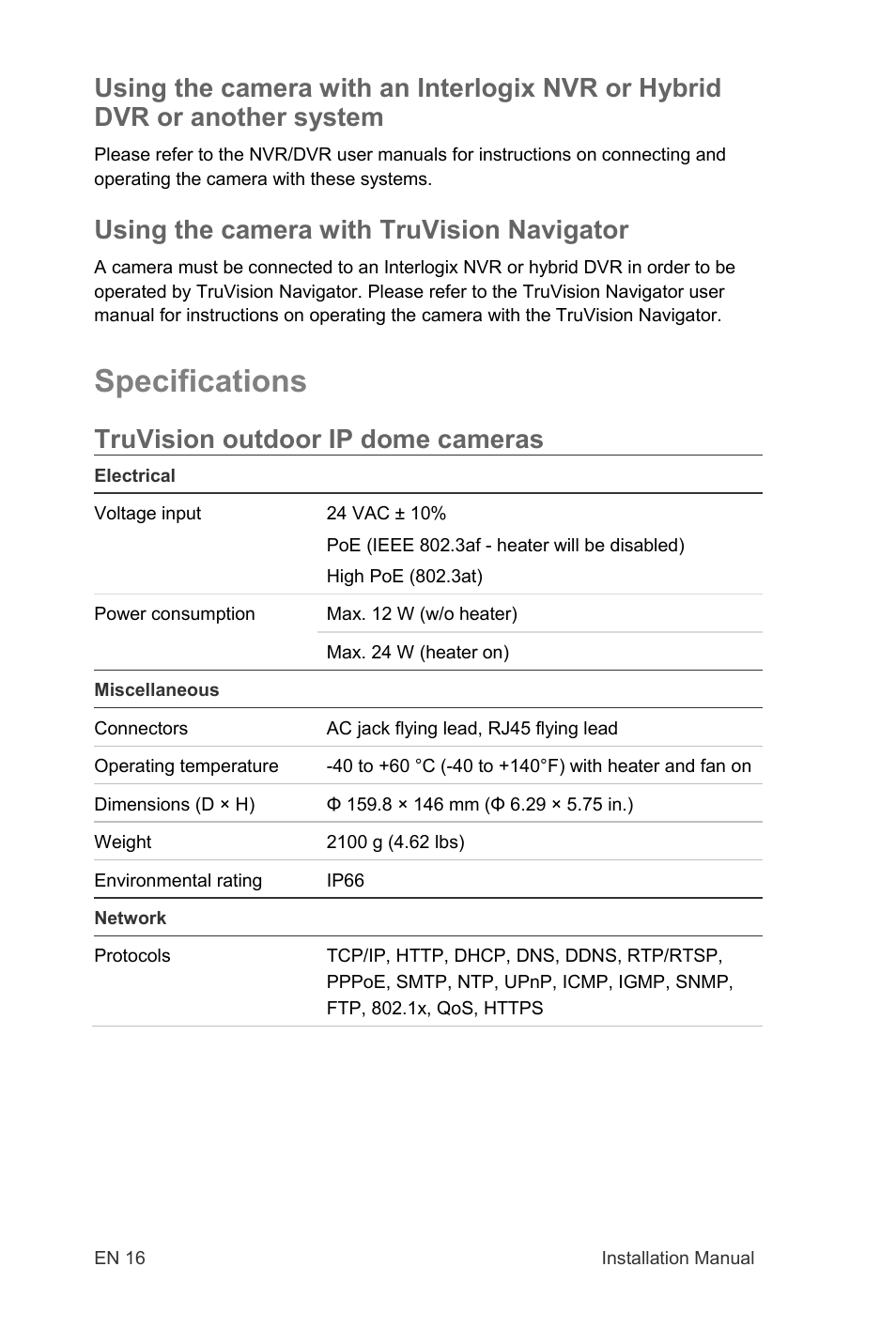 Specifications, Using the camera with truvision navigator, Truvision outdoor ip dome cameras | Interlogix TruVision IP Open Standards Outdoor Cameras Installation Manual User Manual | Page 16 / 20
