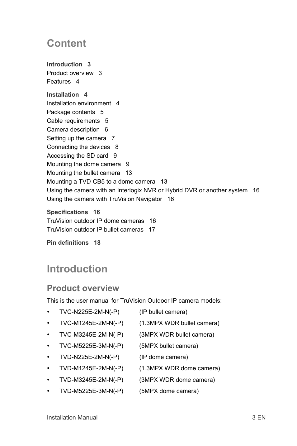 Content, Introduction, Product overview | Interlogix TruVision IP Open Standards Outdoor Cameras Installation Manual User Manual | Page 3 / 20