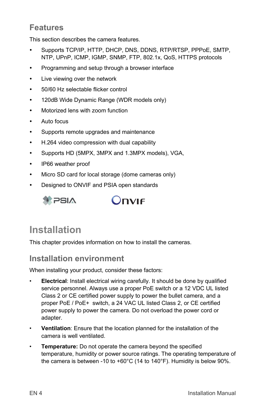 Installation, Features, Installation environment | Interlogix TruVision IP Open Standards Outdoor Cameras Installation Manual User Manual | Page 4 / 20