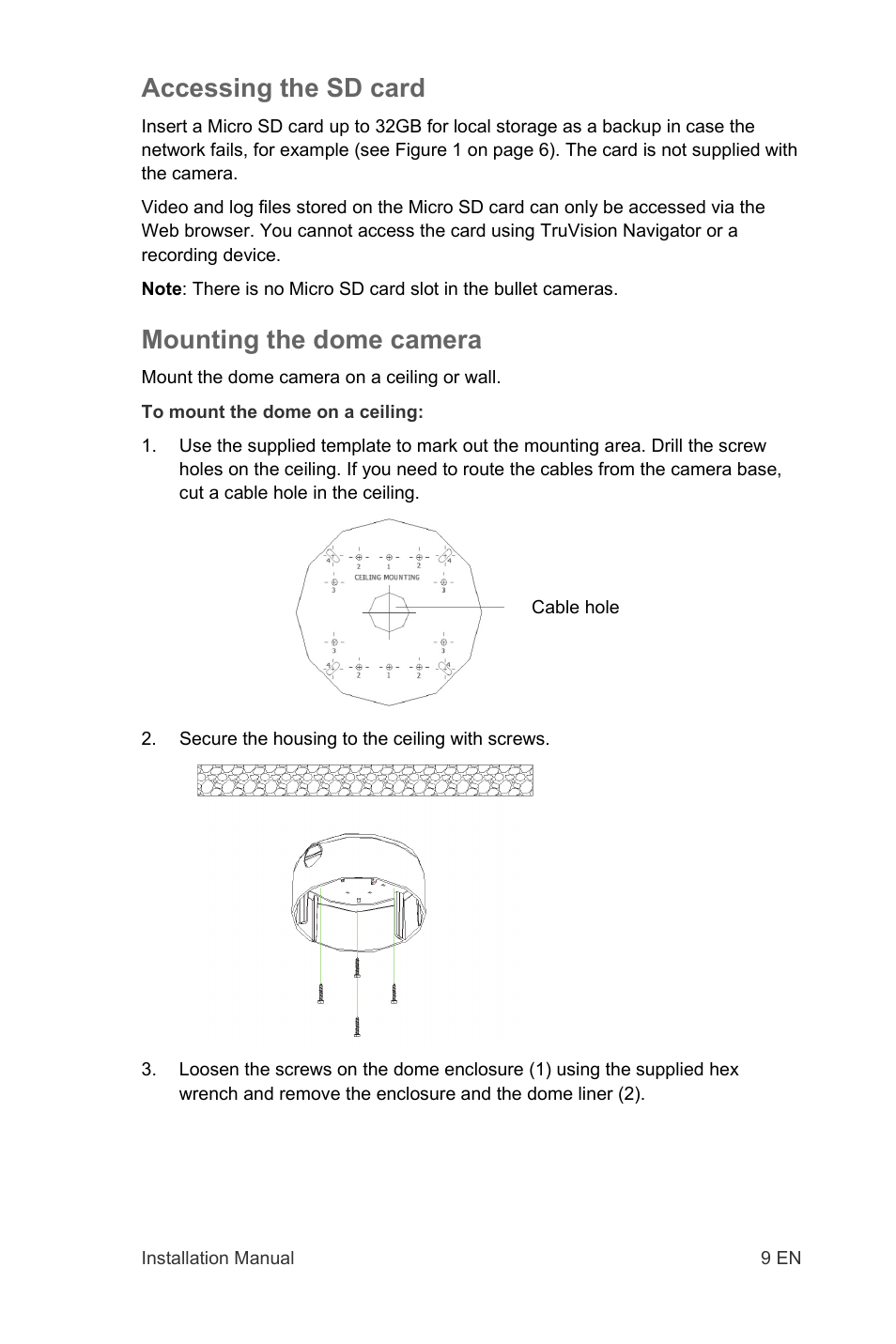 Accessing the sd card, Mounting the dome camera | Interlogix TruVision IP Open Standards Outdoor Cameras Installation Manual User Manual | Page 9 / 20
