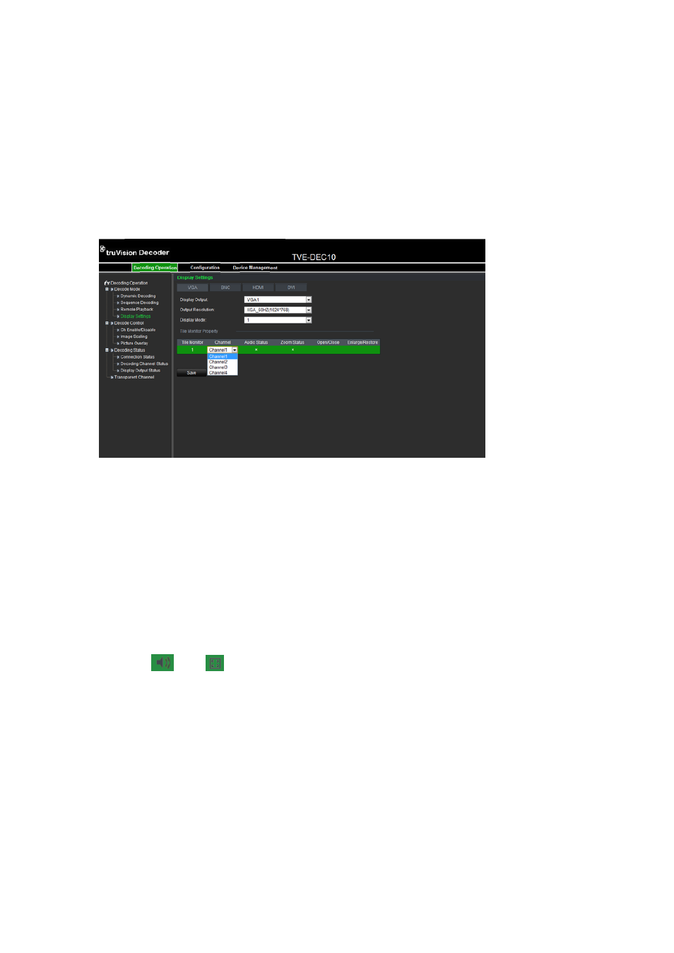 Display settings, Enable/disable decoding channel | Interlogix TVE-DEC10 User Manual | Page 18 / 32