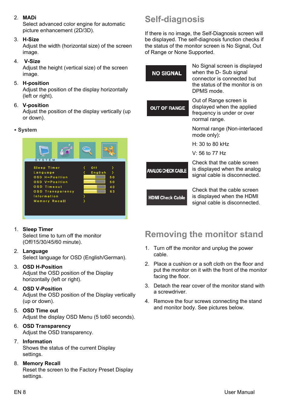 Self-diagnosis, Removing the monitor stand | Interlogix TVM-2200 User Manual | Page 10 / 16