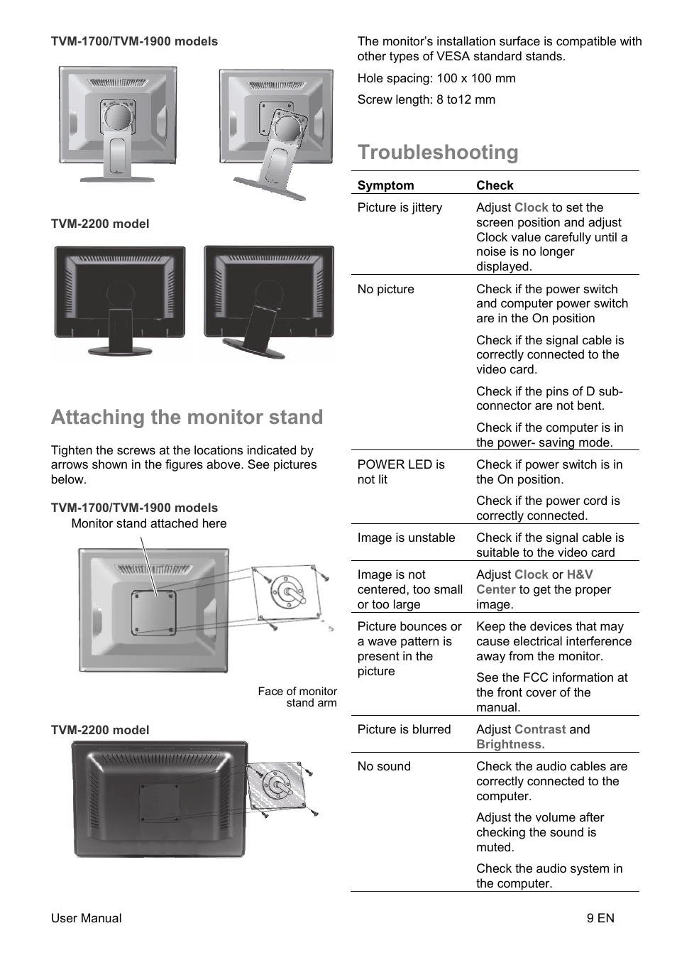 Attaching the monitor stand, Troubleshooting | Interlogix TVM-2200 User Manual | Page 11 / 16