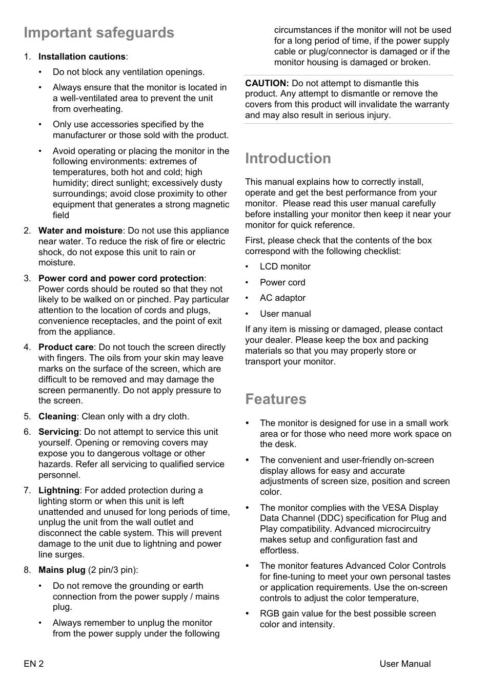 Important safeguards, Introduction, Features | Interlogix TVM-2200 User Manual | Page 4 / 16