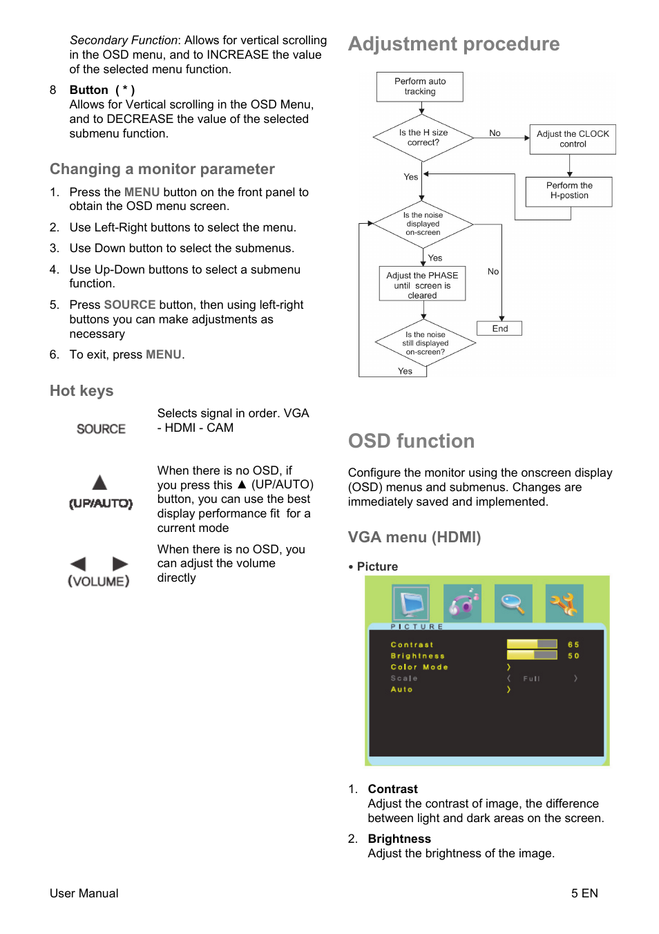 Adjustment procedure, Osd function, Changing a monitor parameter | Hot keys, Vga menu (hdmi) | Interlogix TVM-2200 User Manual | Page 7 / 16