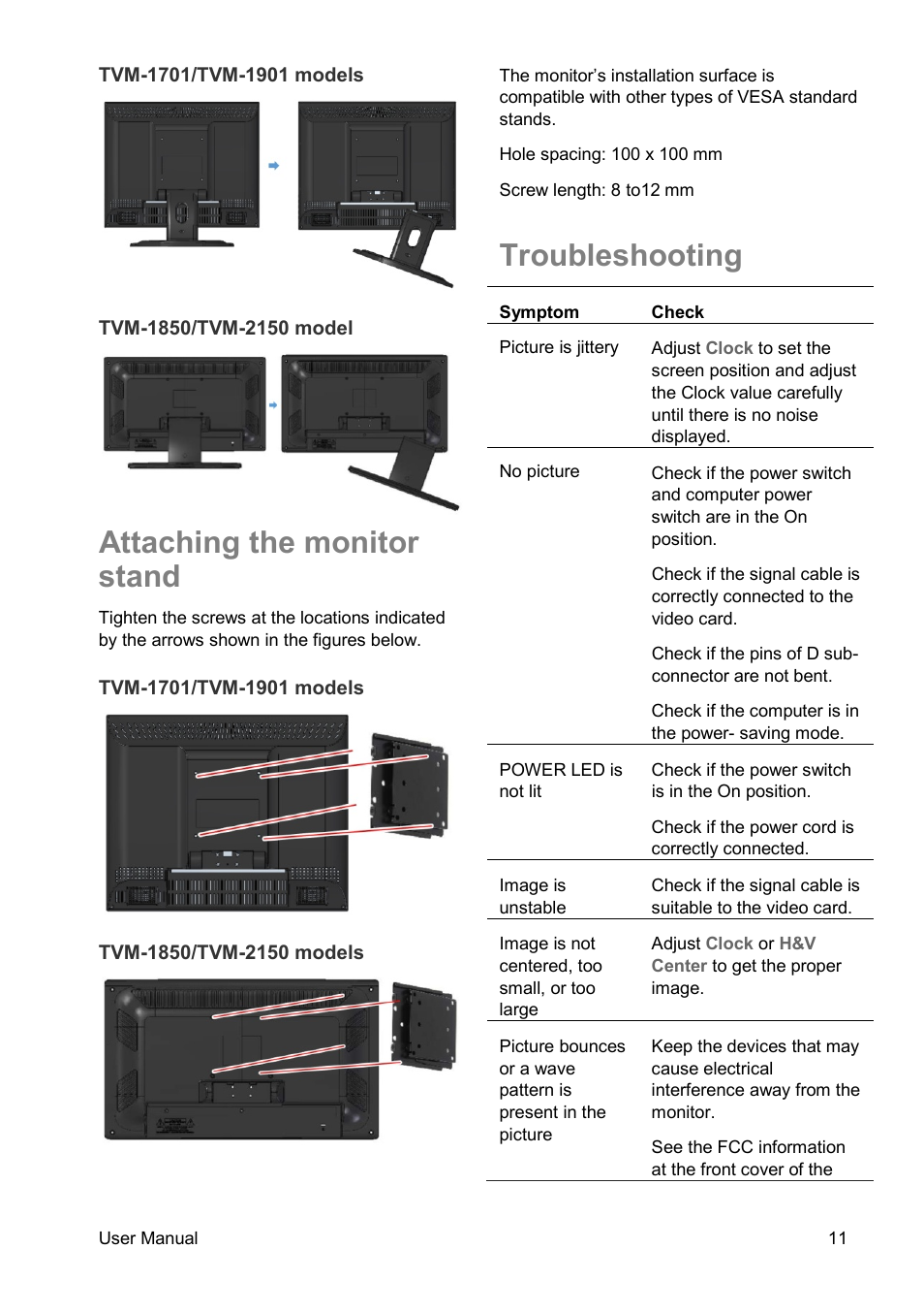 Attaching the monitor stand, Troubleshooting | Interlogix TVM-2150 User Manual | Page 13 / 20