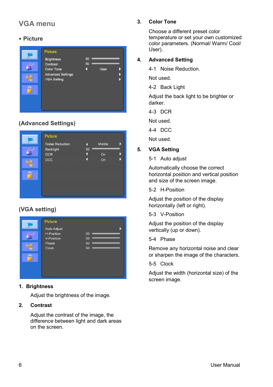 Vga menu | Interlogix TVM-2150 User Manual | Page 8 / 20