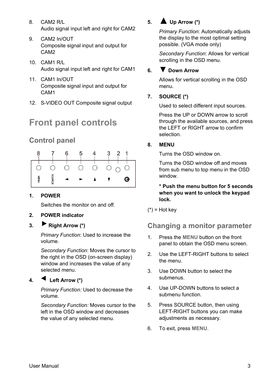 Front panel controls, Control panel, Changing a monitor parameter | Interlogix TVM-4200 User Manual | Page 5 / 20