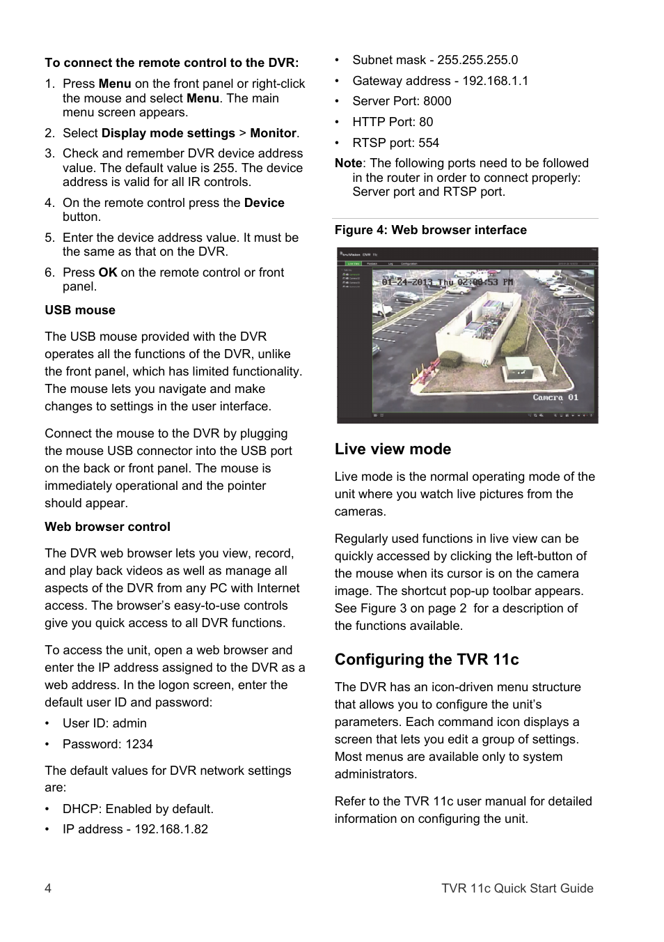 Live view mode, Configuring the tvr 11c | Interlogix TVR 11c User Manual | Page 4 / 8