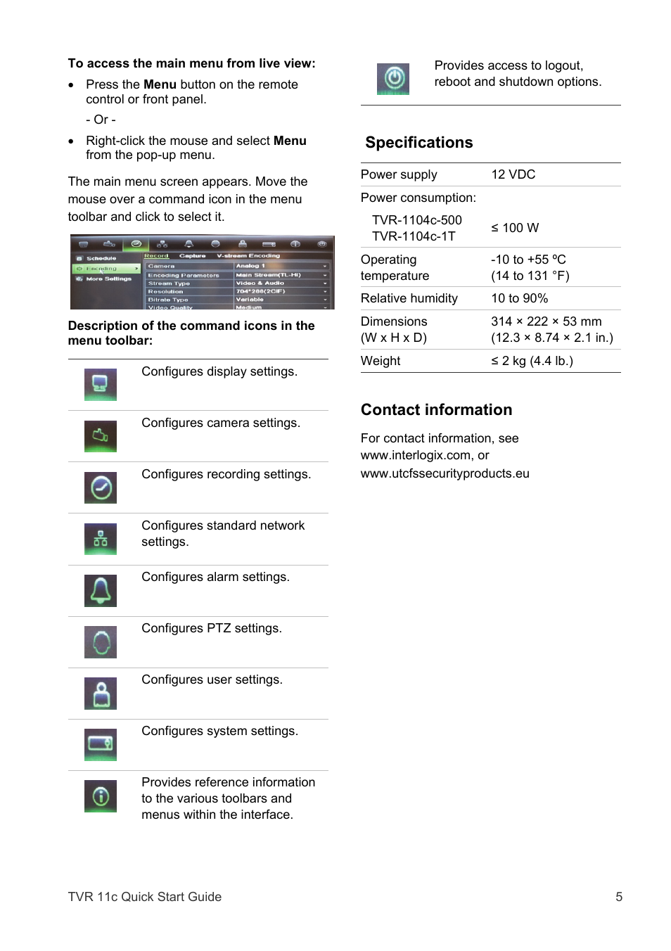 Specifications, Contact information | Interlogix TVR 11c User Manual | Page 5 / 8