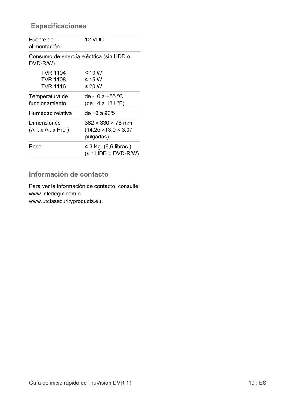 Especificaciones, Información de contacto | Interlogix DVR 11 Quick Start Guide User Manual | Page 19 / 68