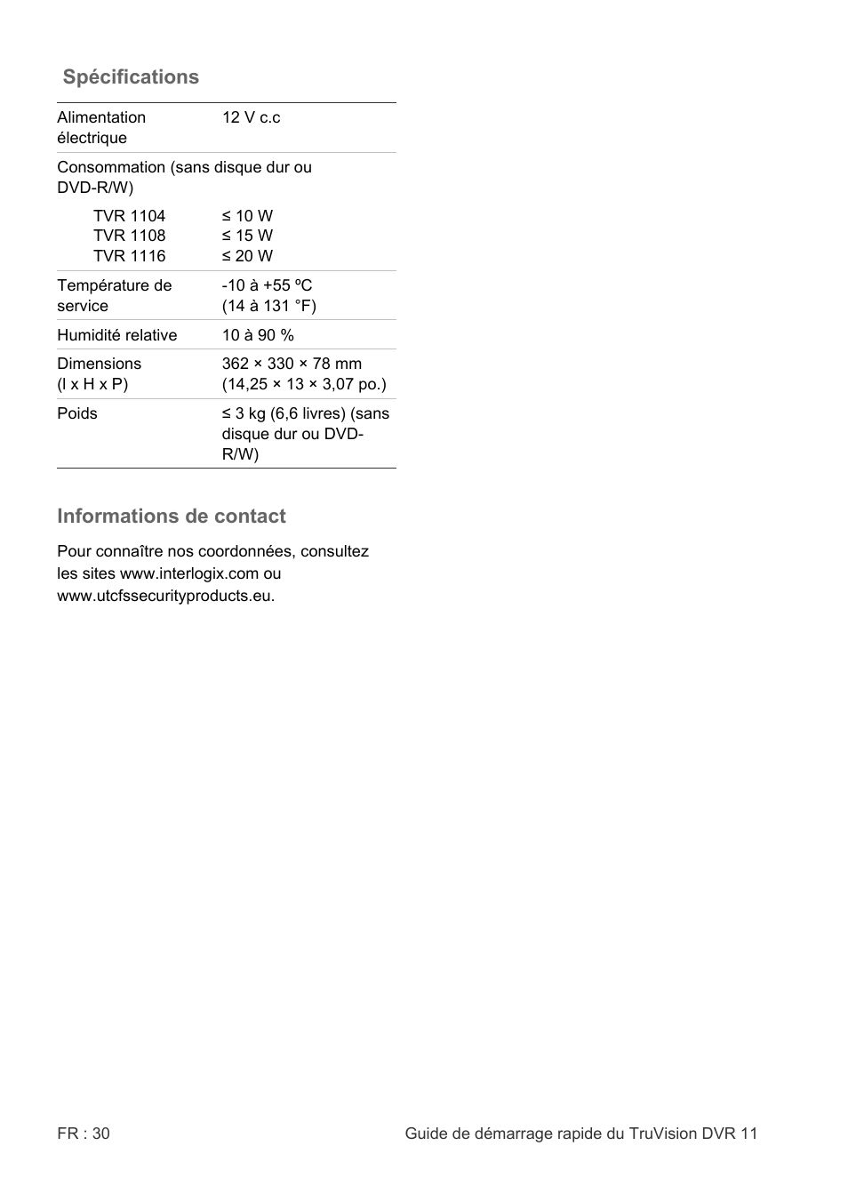 Spécifications, Informations de contact | Interlogix DVR 11 Quick Start Guide User Manual | Page 30 / 68