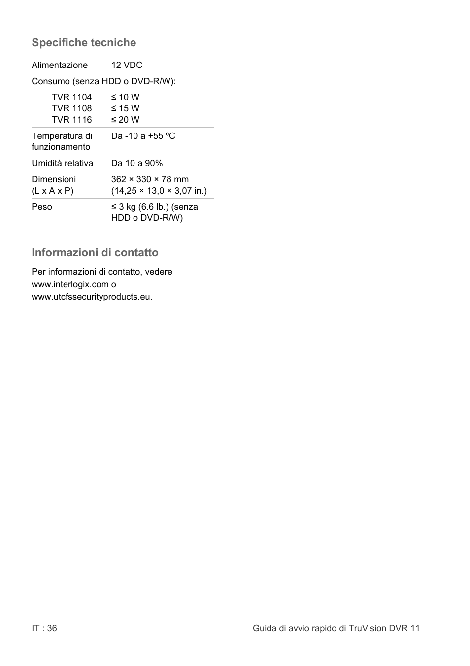 Specifiche tecniche, Informazioni di contatto | Interlogix DVR 11 Quick Start Guide User Manual | Page 36 / 68