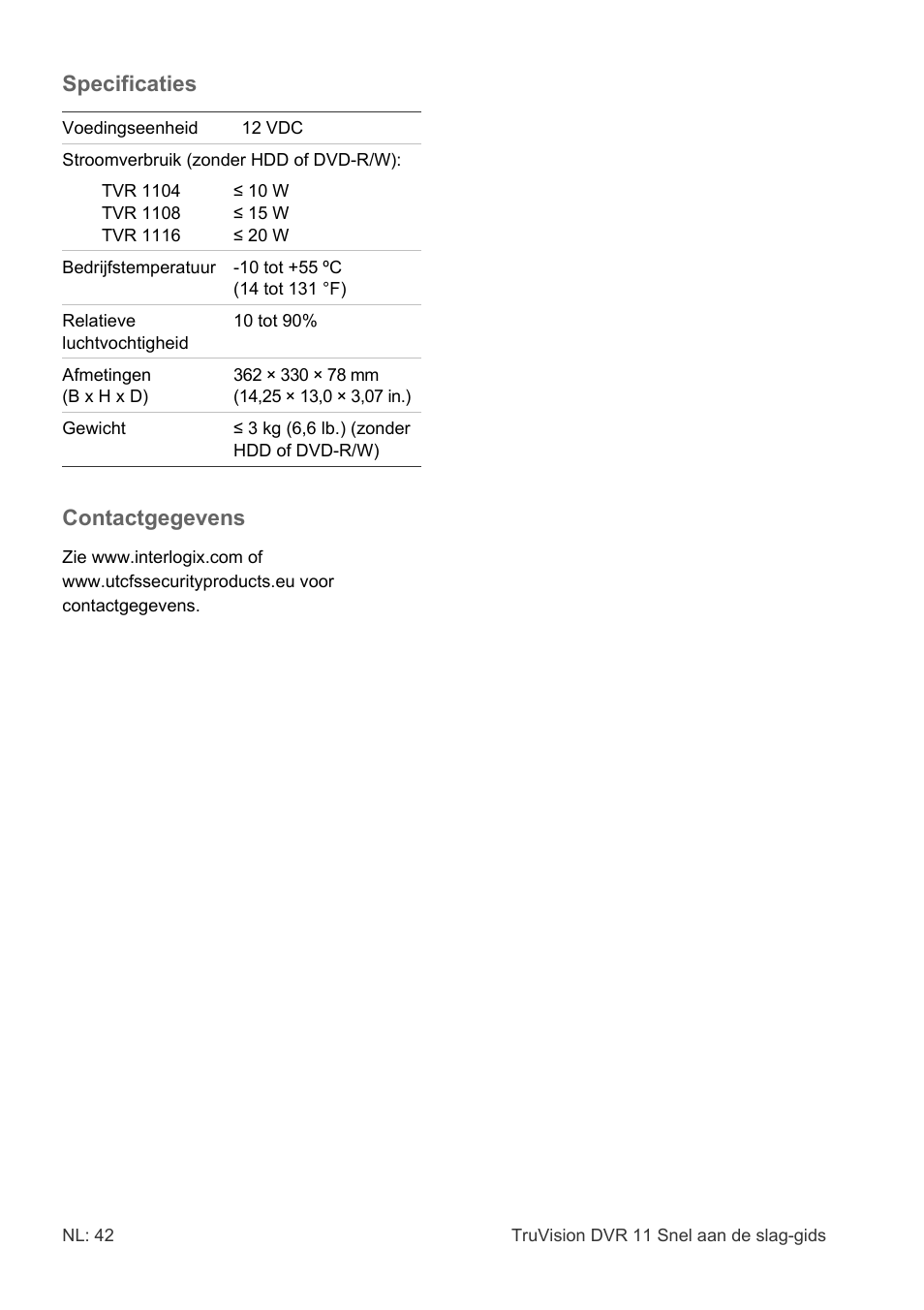 Specificaties, Contactgegevens | Interlogix DVR 11 Quick Start Guide User Manual | Page 42 / 68